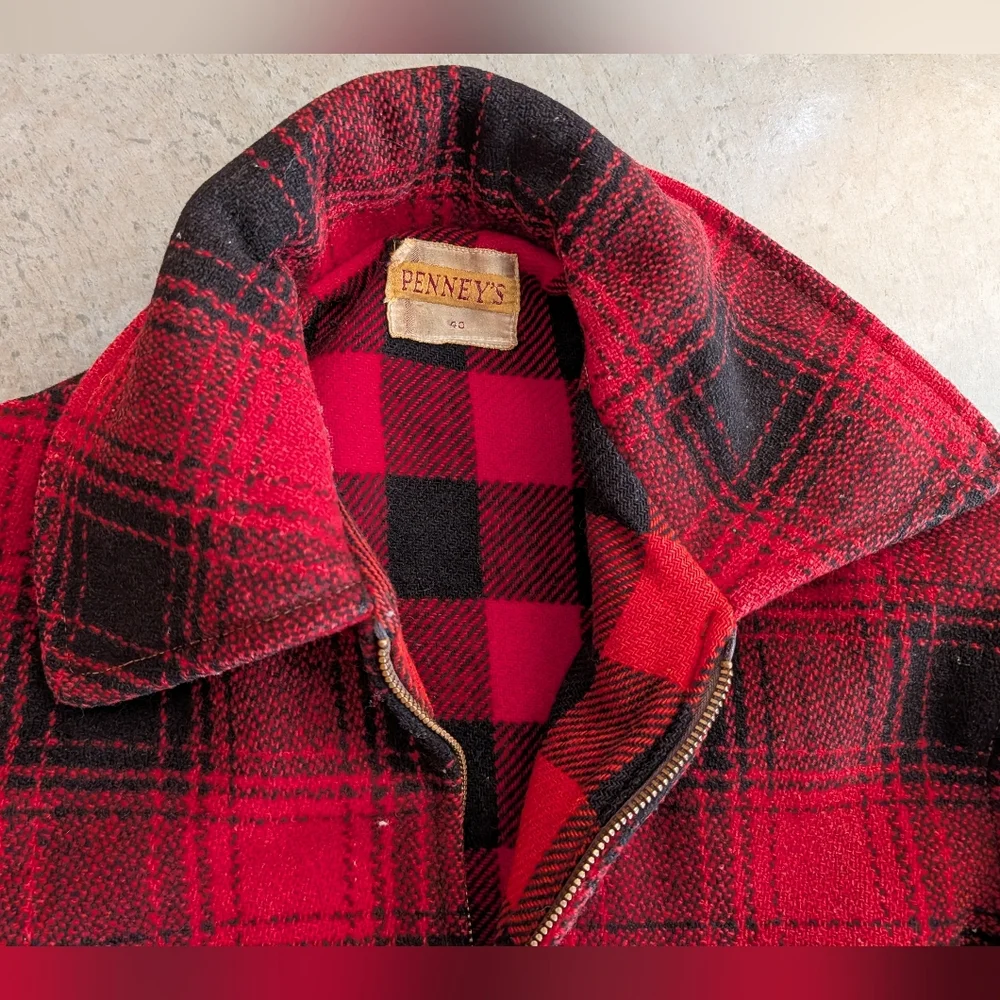 Vintage 60s/70s Wool Field Coat Hunting Red Black Buffalo Check Size 40